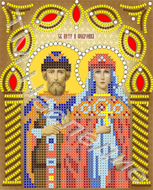 Канва с рисунком бисером+стразы и бусины Икона Святые Петр и Феврония (А5)  Наследие ИС-012														