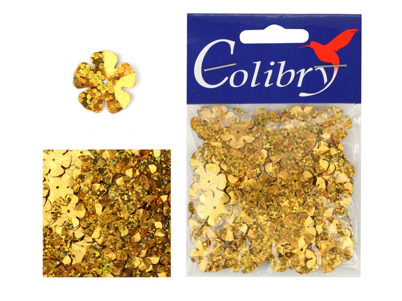 Пайетки Цветы 64 золото голограмма размер 14мм, 10гр. в пакете  Colibry SF02/64														