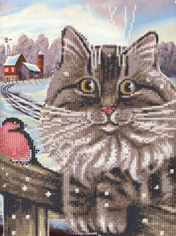 Канва с рисунком бисер "Кот и снегирь" А4  Наследие