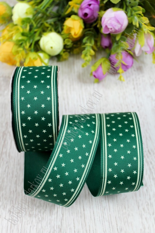 Лента репсовая "Звездочки" бежевый на т.зеленом 40мм*18,2м за 1м 128-572														