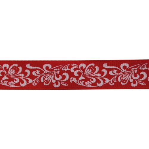 Лента репсовая "Узоры" белые на красном 15мм, 15мм*22,86м 7715256														