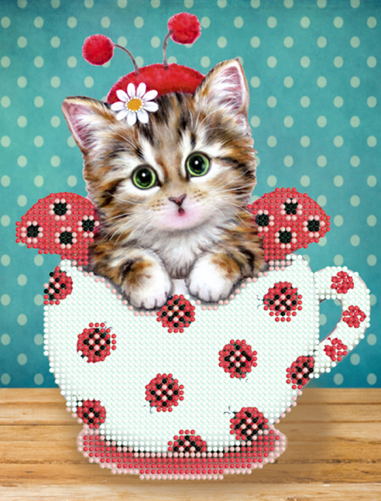 Мозаика "Котенок в кружке (божьи коровки)" красный БСА4-001 (А4), круглые стразы в пакете  Наследие БСА4-001														