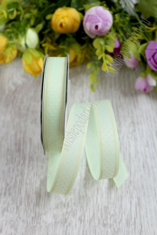 Лента репсовая "Звездочки" белый на мятном 50 15мм*18,2м за 1м 128-570/SF-1291														