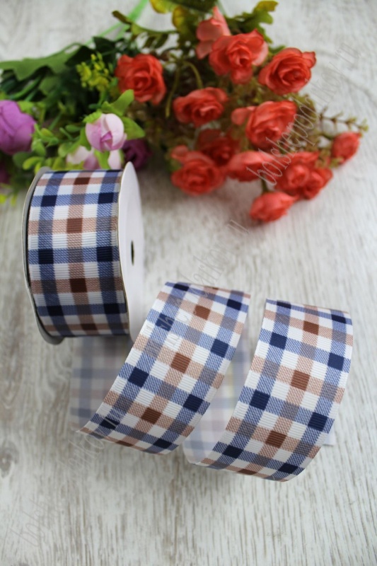 Лента репсовая "Клетка" синий/коричневый 40мм 40мм*9,1м 128-445														