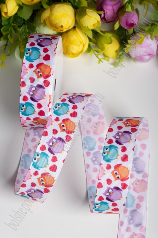 Лента репсовая "Совята" с сердцами на белом  25мм*9,1м SF-1735														