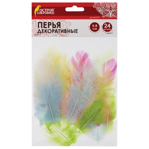 Перья декоративные Карнавальные 6 цв пастель ассорти 5-8 см 24шт.  ОСТРОВ СОКРОВИЩ 661377														