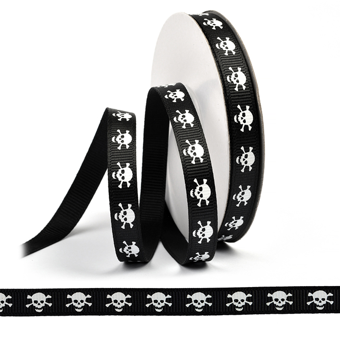Лента репсовая "Череп" цв. белые на черном 10мм*22,8м LDRH40														