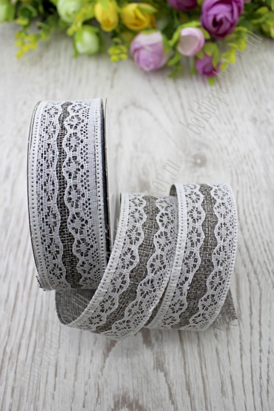 Лента из мешковины с кружевом, цв 829 серый 30мм*9,1м 27-94/SF-1818														