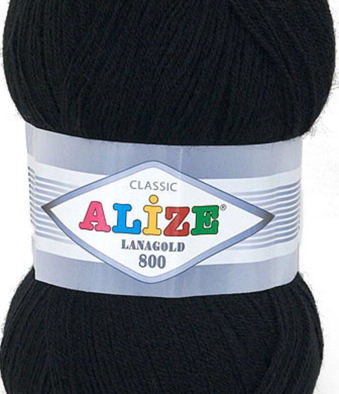 Пряжа "LANAGOLD 800 CLASSIC" 60 черный 5*100 г. 800м 49% шерсть, 51 % акрил  ALIZE 60														