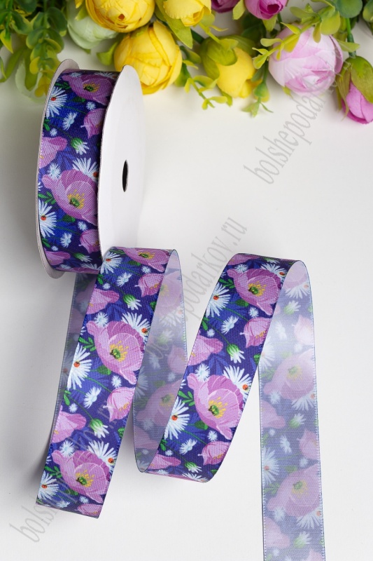 Лента атласная  "Маки" т.синий/сиреневый 25мм*9,1м за 1м 118-418/SF-1821														