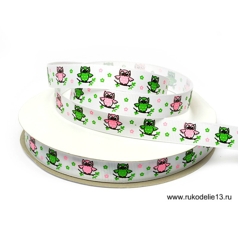 Лента репсовая с рисунком ID 1514 совы ассорти на белом 15мм 15мм*45,72м КЛ. 22074