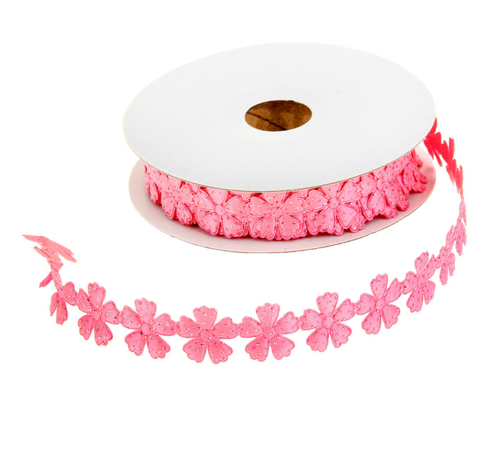 Лента фигурная  "Цветочки" 20мм розовый с блестками, 20мм*9м