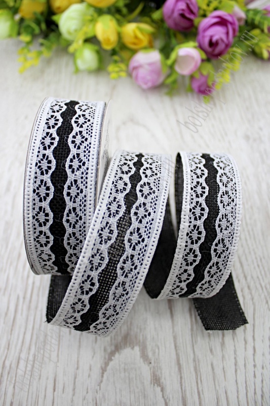 Лента из мешковины с кружевом, цв 845 черный 30мм*9,1м 27-83/SF-1818														