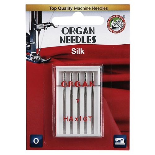 Иглы для быт.шв.машин "ORGAN" креп №55 Silk для шелка, вышивки, бархат, шифон, шелк (в пачке 5 шт.) 55/5														
