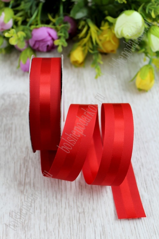 Лента репсовая с атласной вставкой, цвет красный 25мм, 25мм*9,1м SF-1311														