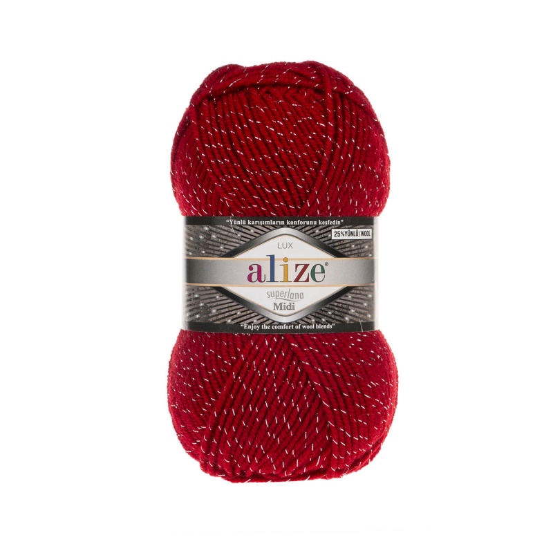Пряжа "SUPERLANA MIDI Lux" 56 красный с метанит 5*100г. 150м 3% металлик,24% шерсть,73% акрил  ALIZE 56														