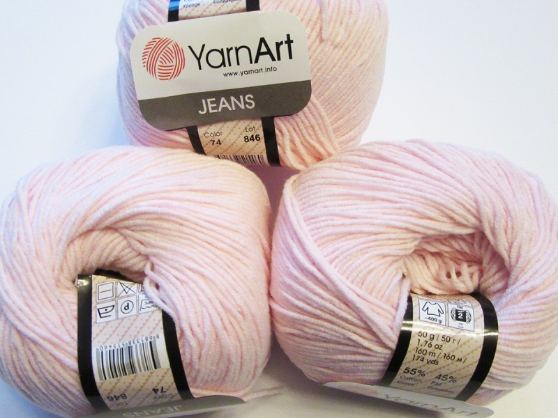 Пряжа "JEANS" 74 бледно розовый 50г 160м 55% хлопок, 45% ПАК 														