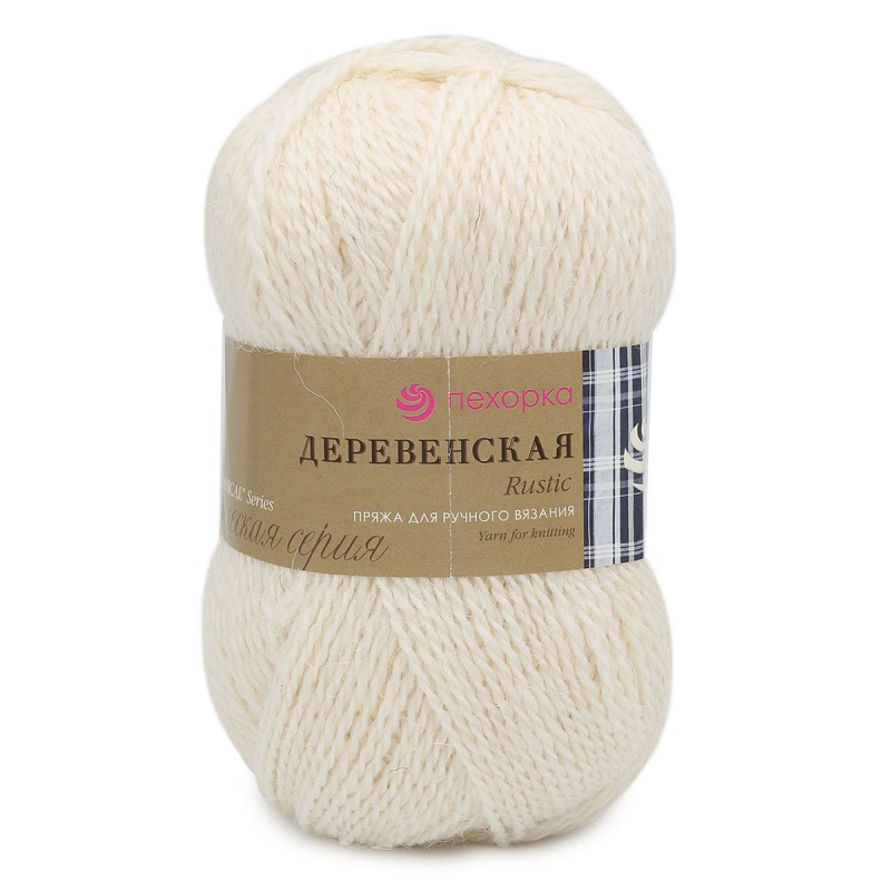 Пряжа "Деревенская" 01 белый 10*100 г. 250м 100% шерсть п/грубая  Пехорка 01														