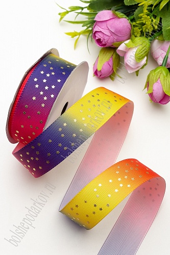 Лента репсовая "Звездочки" радуга 25мм*9,14м за 1м SF-3470/№2														