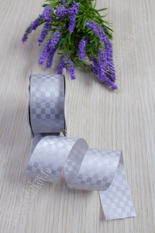 Лента атласная  "Квадратики" серый 007 40мм*18,2м за 1м 312-286														