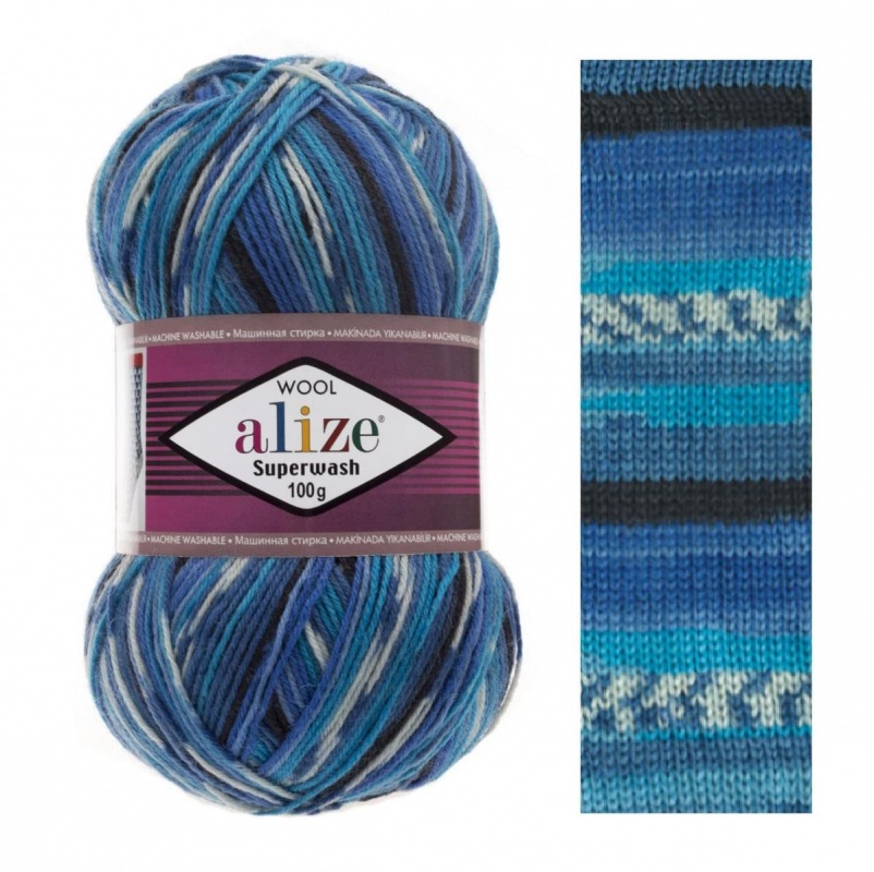 Пряжа "SUPERWASH 100" 4446 сине-голубо-черный 5*100 г. 420м 75% шерсть; 25% полиамид  ALIZE 4446														
