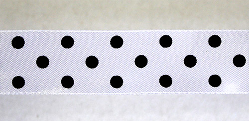 Лента атласная с рисунком "Горошек черный на белом" цвет №В 001/113 12мм*22,8м за 1м