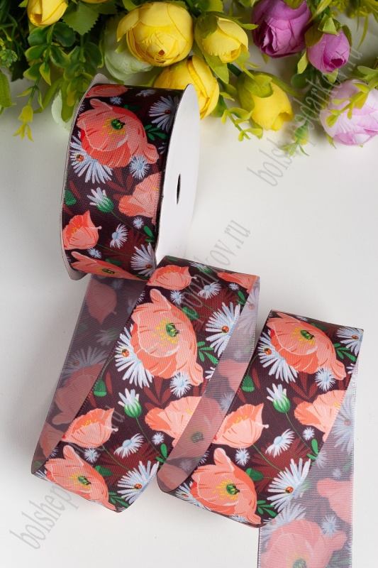 Лента атласная  "Маки" черный/коралловый 40мм*9,1м за 1м  КОРЕЯ SF-1823/118-429														