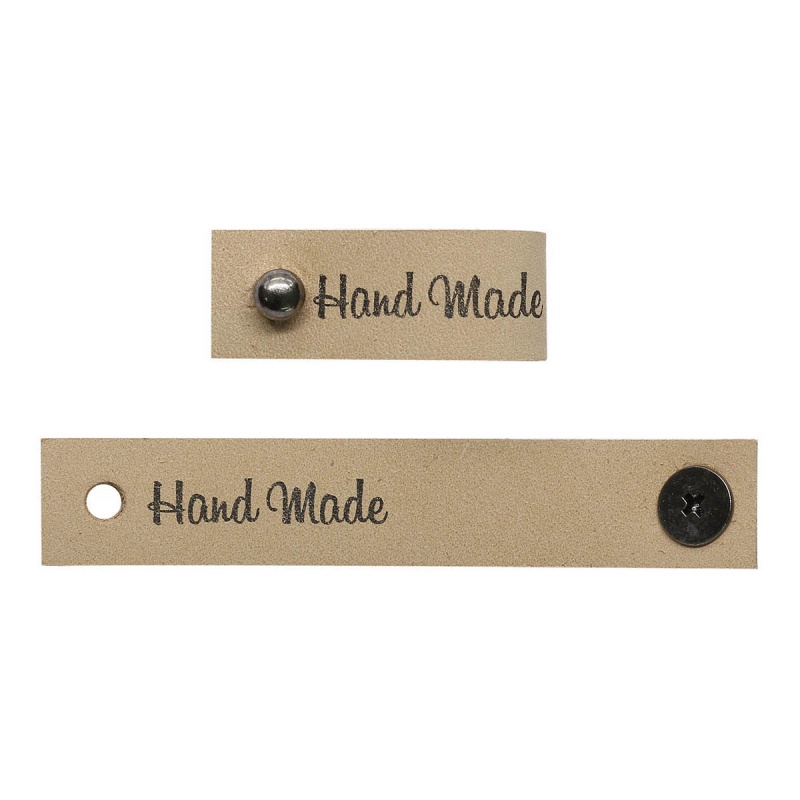 Бирка кожаная с кнопкой "Hand Made" цв. бежевый 1,3*7см набор 4шт. за 1шт. 559227														