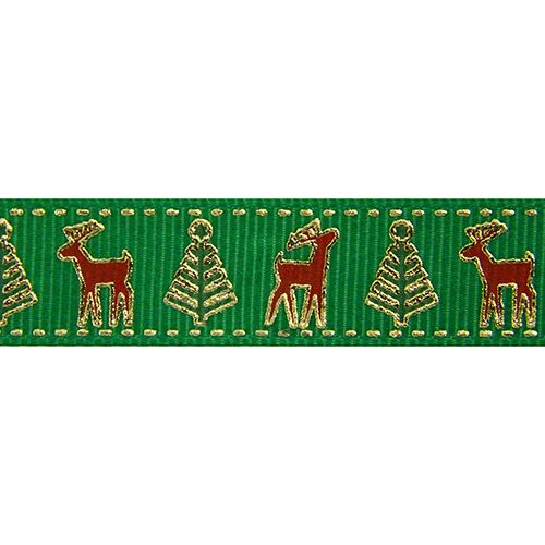 Лента репсовая "Олени" 16мм, золото на зеленом, 16мм*22,5м 7716511/А5-060														