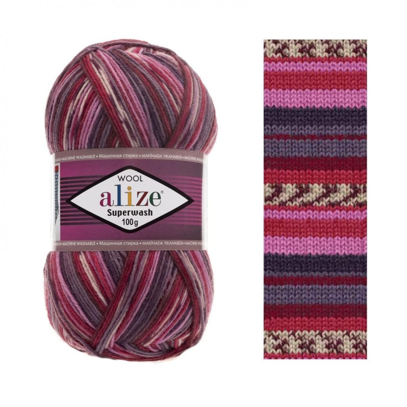 Пряжа "SUPERWASH 100" 2698 бело-розово-красный 5*100 г. 420м 75% шерсть; 25% полиамид  ALIZE 2698														