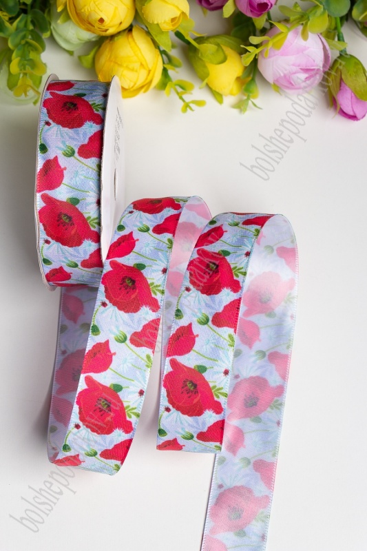 Лента атласная  "Маки" голубой/малиновый 25мм*9,1м за 1м 118-416/SF-1821														