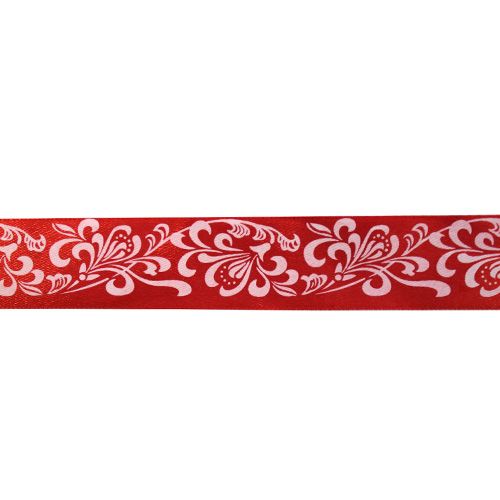 Лента атласная  "Узор" белый на красном 25мм*22,86м 7708617														
