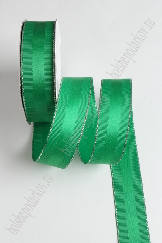 Лента репсовая с люрексом и атласной вставкой, цвет зеленый 25мм, 25мм*9,1м 126-24/SF-1726														