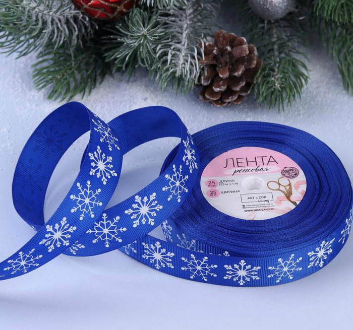 Лента атласная  "Снежинки" 25мм белый на синем, 25мм*23,5м за 1м 3557615														