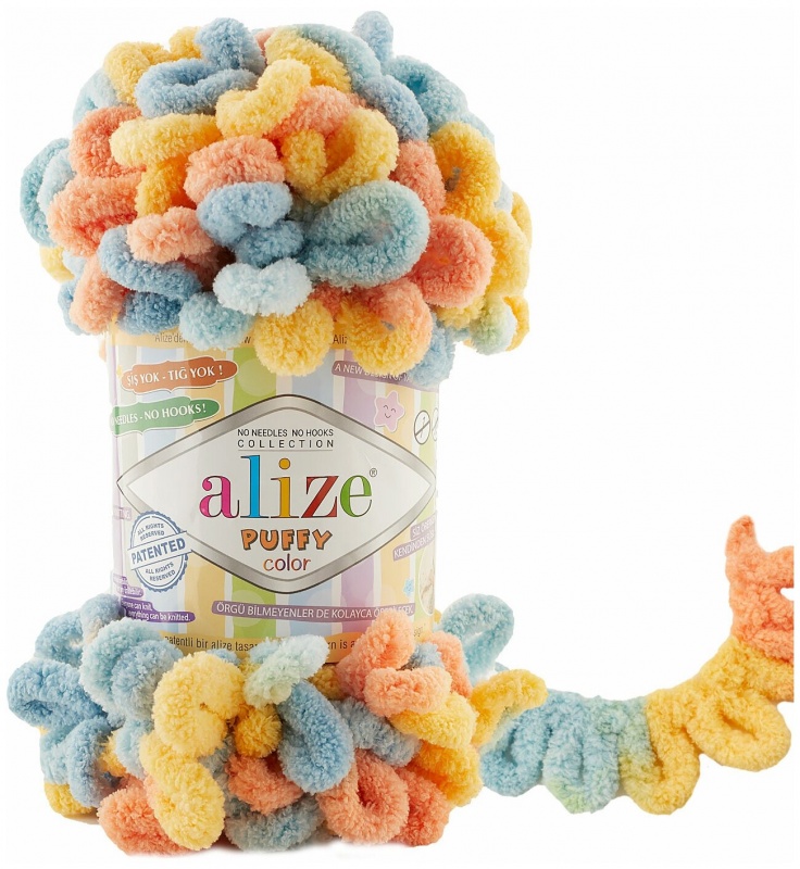 Пряжа "PUFFY COLOR" 6314 желтый-синий-оранжевый 5*100 г. 9,2м. 100% микрополиэстр 6314														