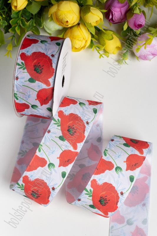 Лента атласная  "Маки" белый/красный 40мм*9,1м за 1м  КОРЕЯ SF-1823/118-427														