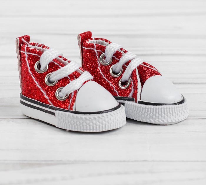 Кеды для кукол, 5*3,8-высота см, "Блестки" красный со шнурком  СЛ 4072467														