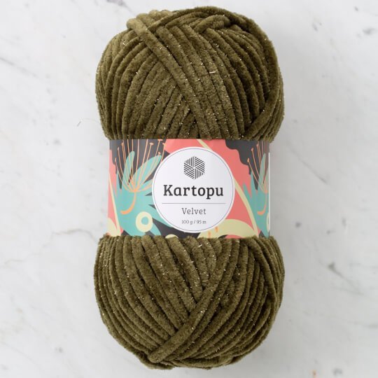 Пряжа "Velvet" 12 т. оливковый 5*100 г. 95м 92% полиэстер, 8% металлическая нить  KARTOPU