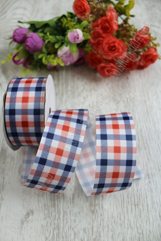 Лента репсовая "Клетка" синий/красный 40мм 40мм*9,1м 128-448														