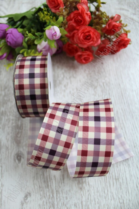 Лента репсовая  "Клетка" бордовый/сиреневый 40мм 40мм*9,1м 128-446														