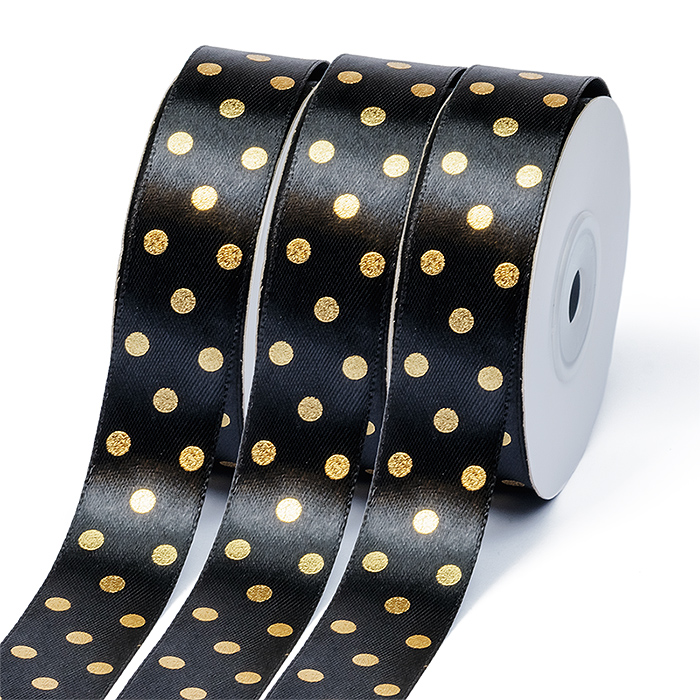Лента атласная  "Горох золото на черном" 25мм*27,4м  МАГ LDAG030														