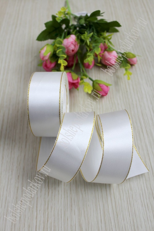 Лента атласная двустор. с золотой нитью 40мм белый 40мм*32.9м SF-1201/119-175														