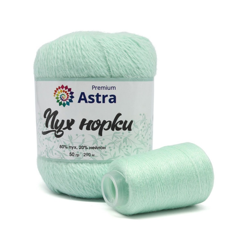 Пряжа "Пух норки" (Mink yarn) 041 св. мята 10*50гр 350м 80% пух, 20% нейлон +нить 20гр в комплекте  Astr 041														