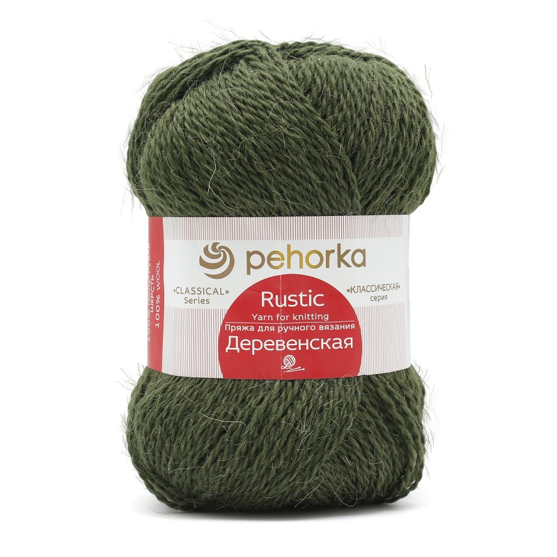 Пряжа "Деревенская" 13 темно оливковый 10*100 г. 250м 100% шерсть п/грубая  Пехорка 13														