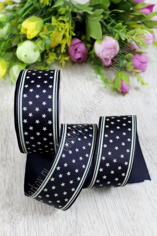 Лента репсовая "Звездочки" бежевый на №120 т.синем 40мм*18,2м за 1м 128-576/SF-1293														