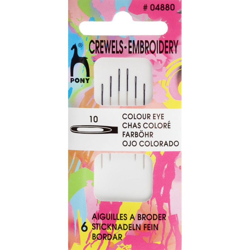 Иглы для бисера №10 (набор 6шт.) длинные, с цветным ушком  Pony