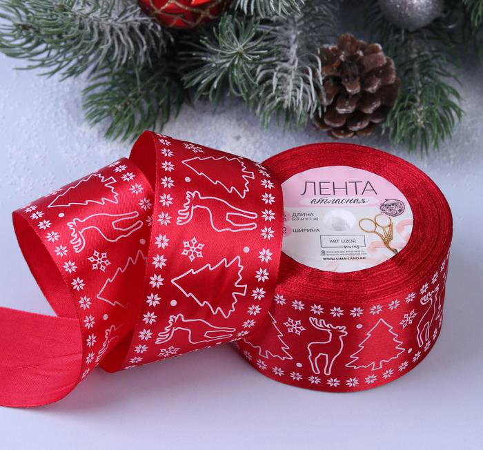 Лента атласная  "Олени" белые на красном 50мм*23,5м за 1м 3557591														
