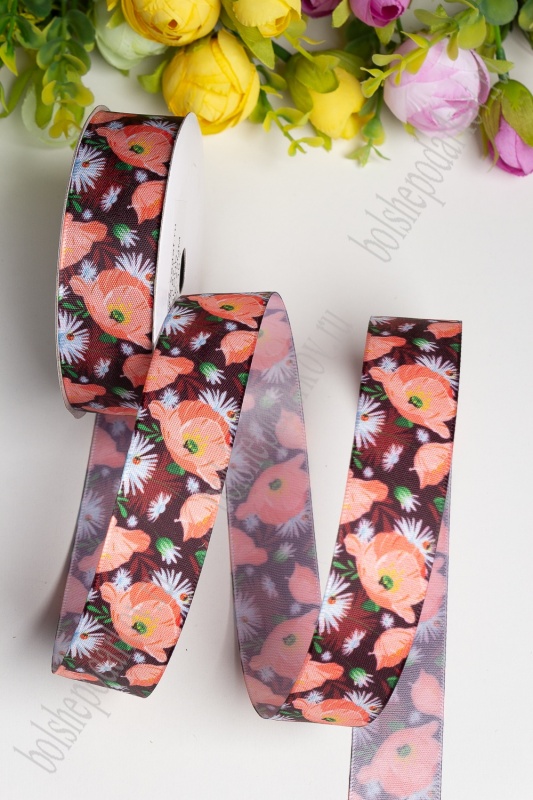 Лента атласная  "Маки" черный/кораловый 25мм*9,1м за 1м 118-421/SF-1821														