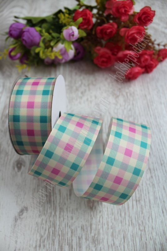Лента репсовая "Клетка" аквамарин/розовый 40мм 40мм*9,1м 128-442														