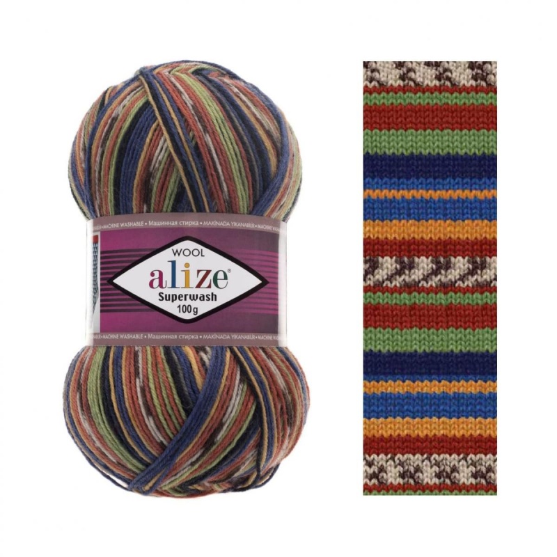 Пряжа "SUPERWASH 100" 2701 желто-зелено-синий 5*100 г. 420м 75% шерсть; 25% полиамид  ALIZE 2701														